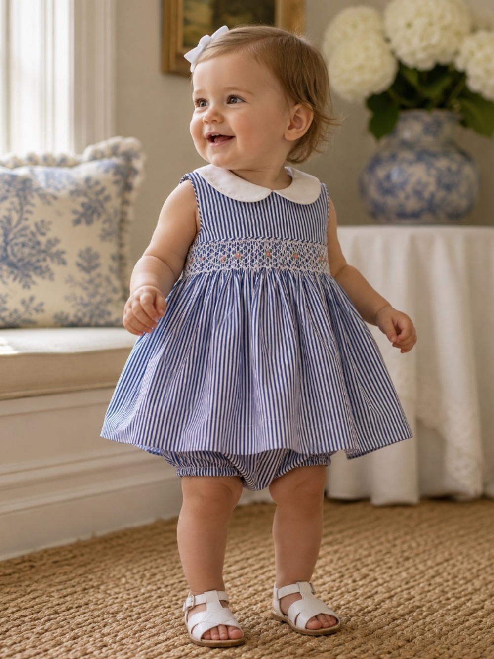 Ralph Lauren 18M Blue White Smocked Rose Dress + Bloomers (can fit 12-24 imo)
